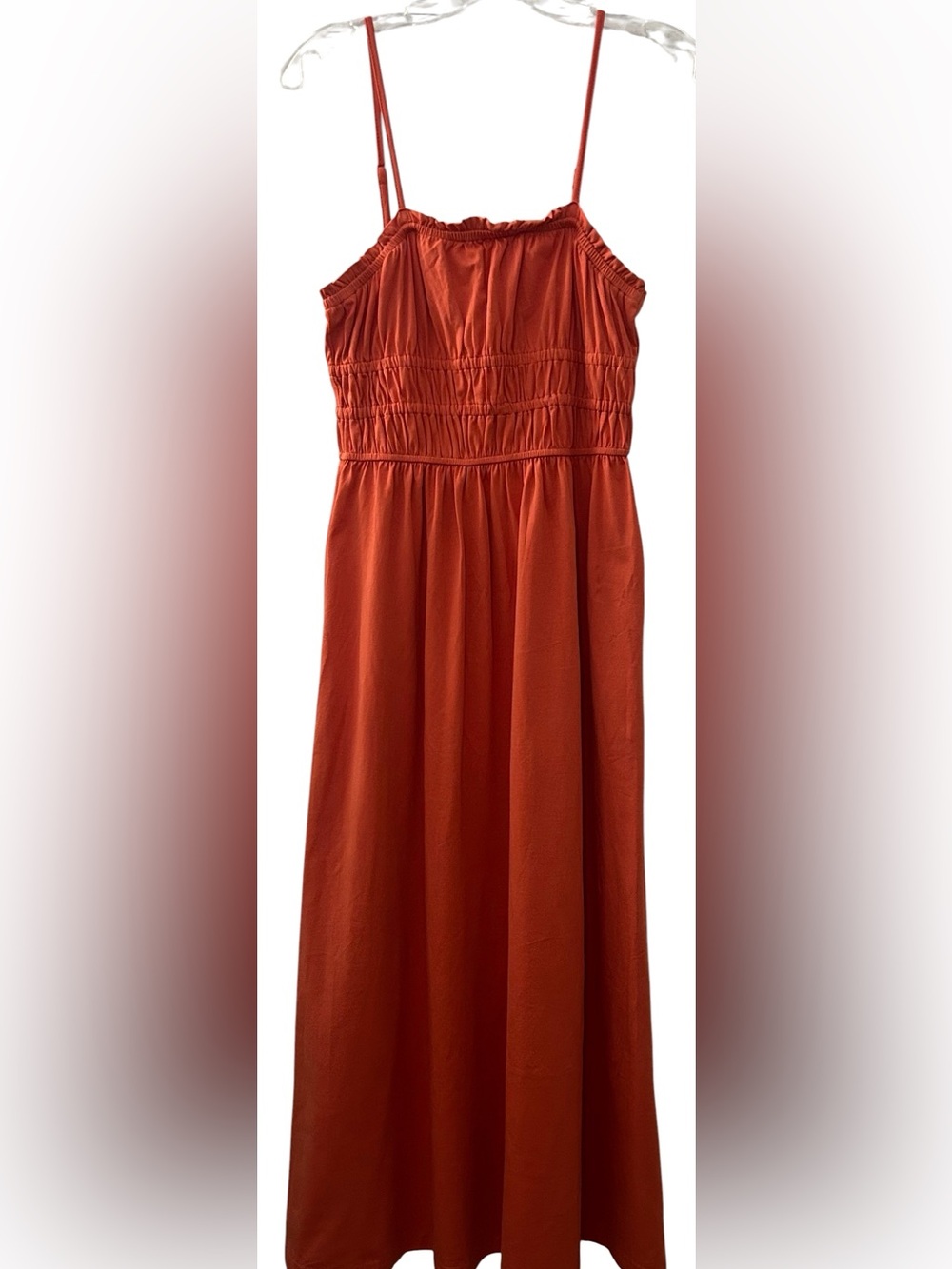 Dokotoo Burnt Orange Shirred Spaghetti Strap Maxi Dress Women’s Sz Small NWT